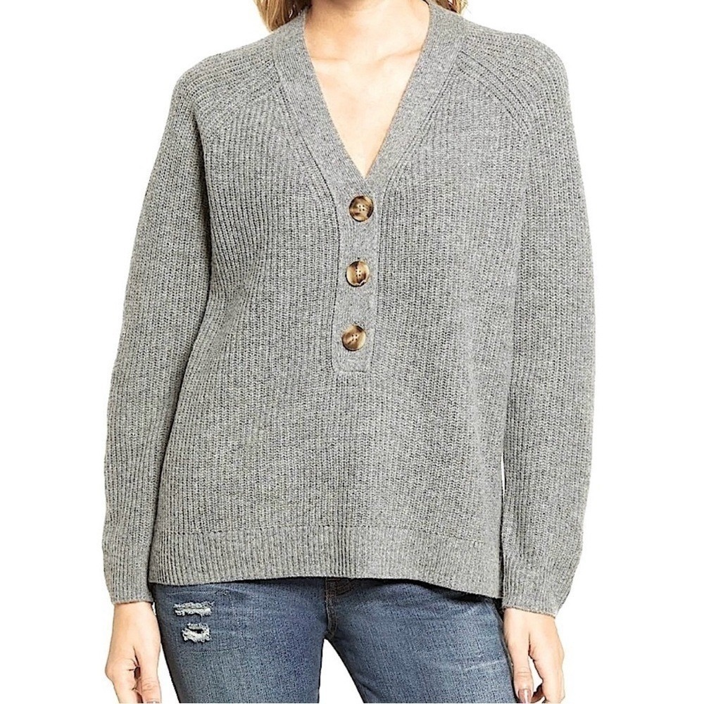 Madewell Ribbed Henley Sweater Grey V-Neck Button Front Raglan Sleeve Womens M